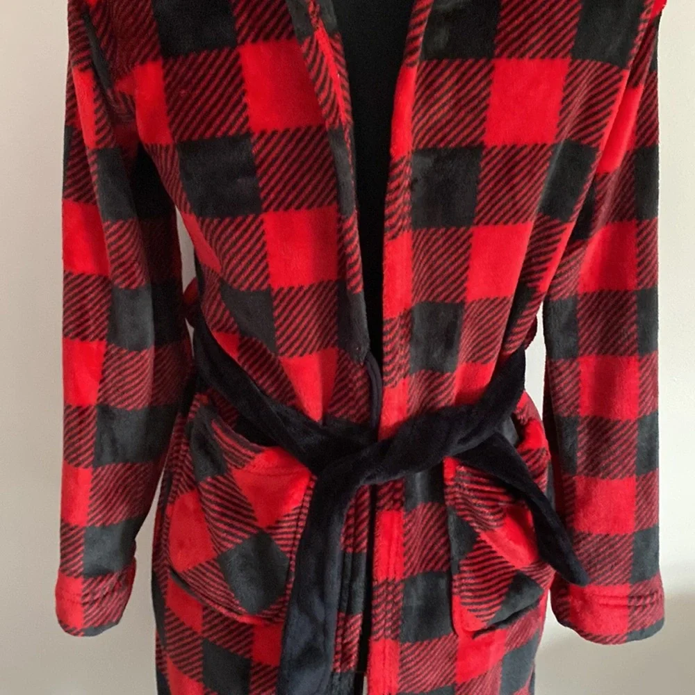 Cuddl Duds Kids red & black Buffalo Plaid hooded fleece robe size L 12/14 large